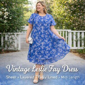 LESLIE FAY Vintage Blue Floral Short Sleeve Fully Lined Flowy Dress, Size 18